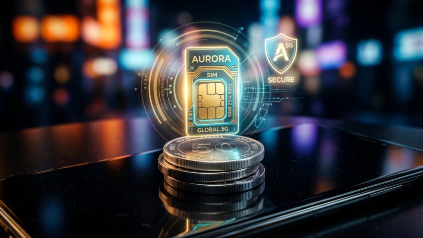 כרטיס סים (SIM) גלובלי דור 5 (5G) זוהר עם הכיתוב Aurora מרחף מעל מטבעות על מסך סמארטפון, לצד מגן אבטחה ורקע עיר מודרנית מטושטש